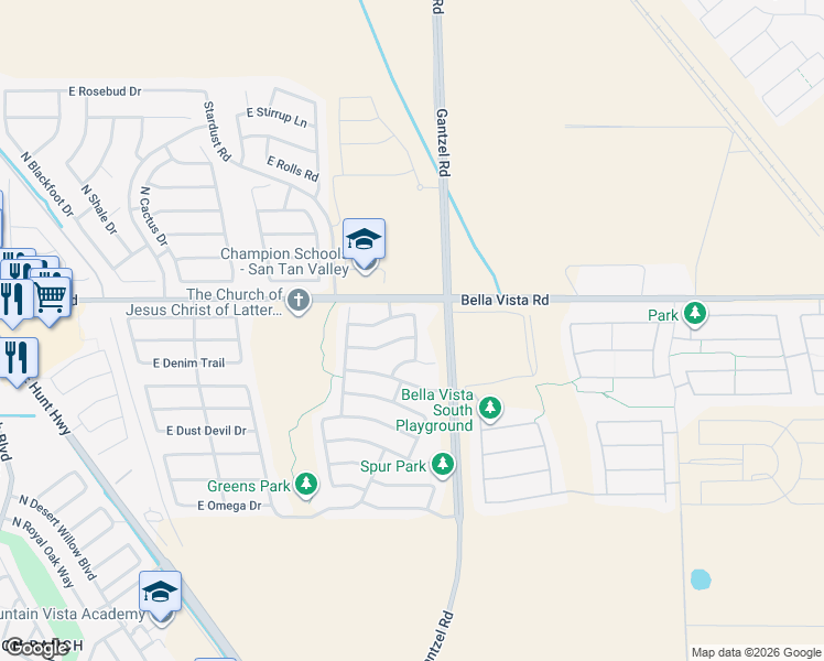 map of restaurants, bars, coffee shops, grocery stores, and more near 1944 East Cowboy Cove Trail in Queen Creek