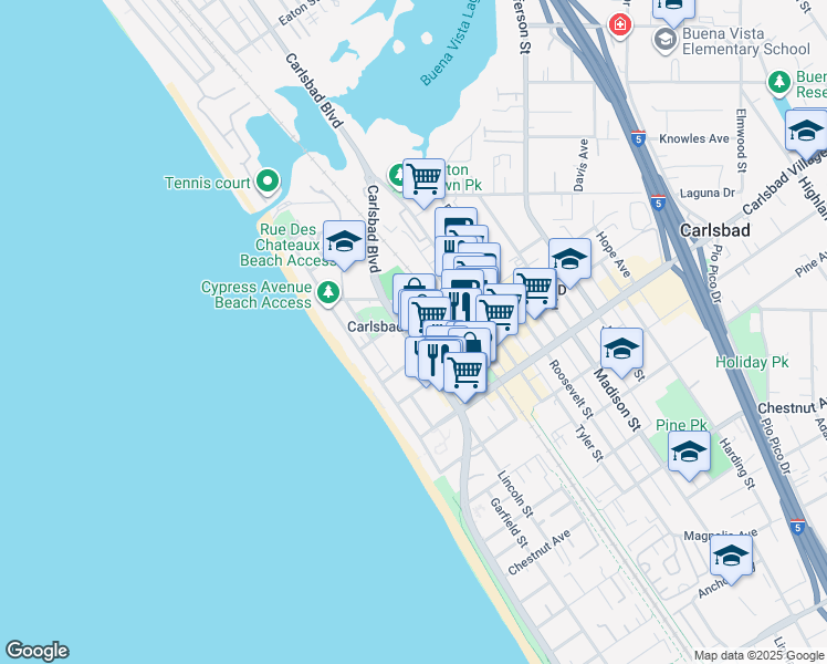 map of restaurants, bars, coffee shops, grocery stores, and more near 2744 Carlsbad Boulevard in Carlsbad