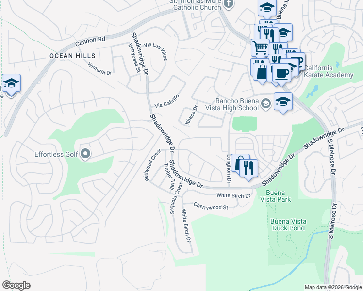 map of restaurants, bars, coffee shops, grocery stores, and more near 1995 Willow Ridge Drive in Vista