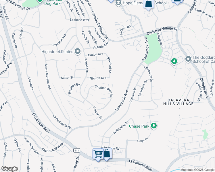 map of restaurants, bars, coffee shops, grocery stores, and more near 4604 Trafalgar Lane in Carlsbad