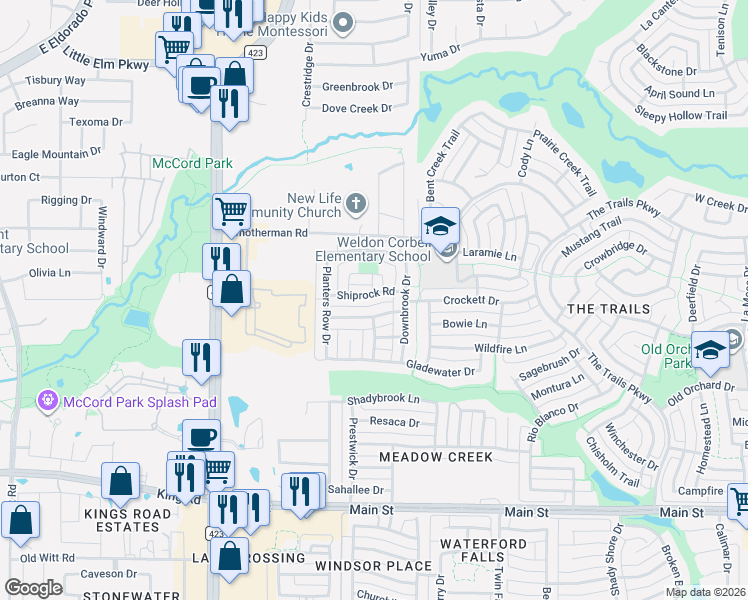 map of restaurants, bars, coffee shops, grocery stores, and more near 974 High Meadow Road in Frisco