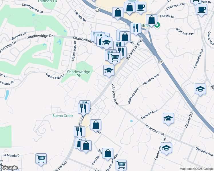 map of restaurants, bars, coffee shops, grocery stores, and more near 874 Brookdale Drive in Vista