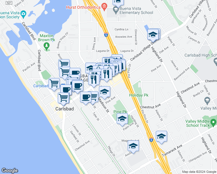 map of restaurants, bars, coffee shops, grocery stores, and more near in Carlsbad