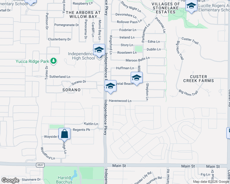 map of restaurants, bars, coffee shops, grocery stores, and more near 10100 Independence Parkway in Frisco