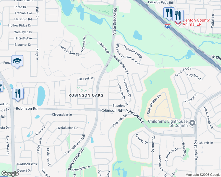 map of restaurants, bars, coffee shops, grocery stores, and more near 3517 Marquette Drive in Denton