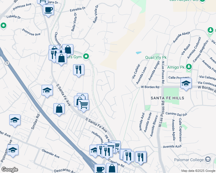 map of restaurants, bars, coffee shops, grocery stores, and more near 1002 Via Santalina in San Marcos
