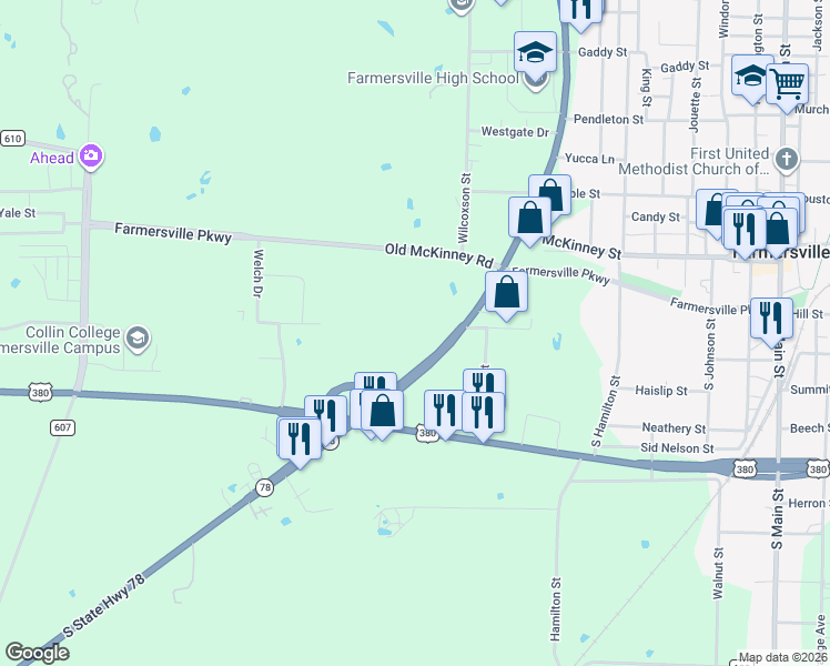 map of restaurants, bars, coffee shops, grocery stores, and more near 300 South State Highway 78 in Farmersville