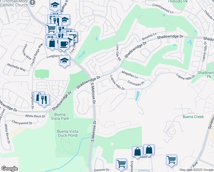 map of restaurants, bars, coffee shops, grocery stores, and more near 2659 Seacrest Court in Vista