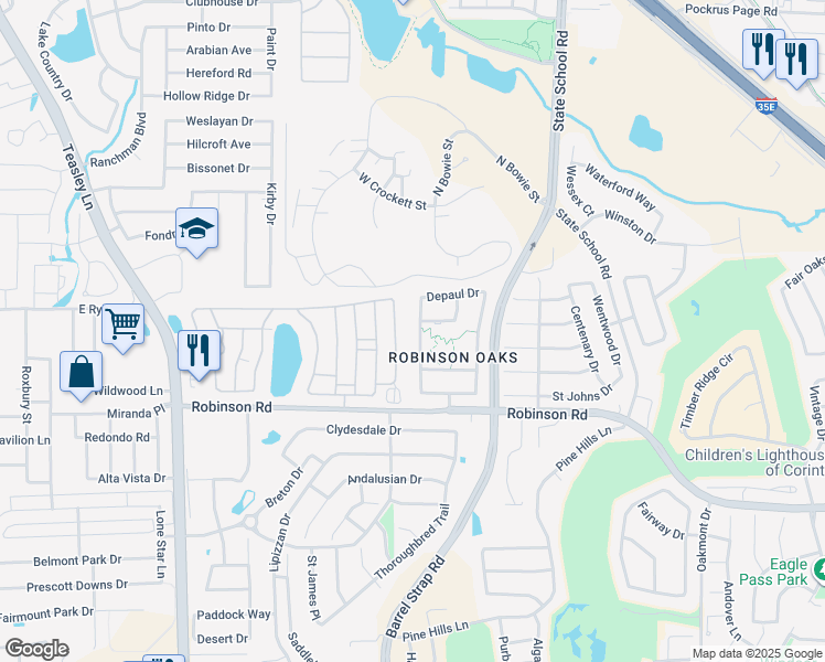 map of restaurants, bars, coffee shops, grocery stores, and more near 3804 Drexel Drive in Denton