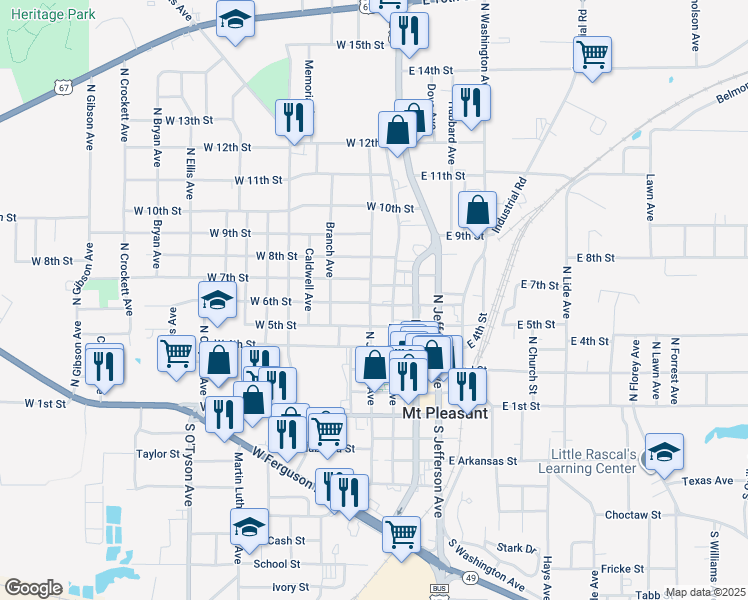 map of restaurants, bars, coffee shops, grocery stores, and more near 312 West 6th Street in Mount Pleasant