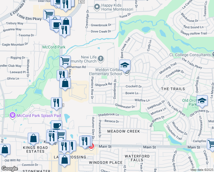 map of restaurants, bars, coffee shops, grocery stores, and more near 974 High Meadow Road in Frisco