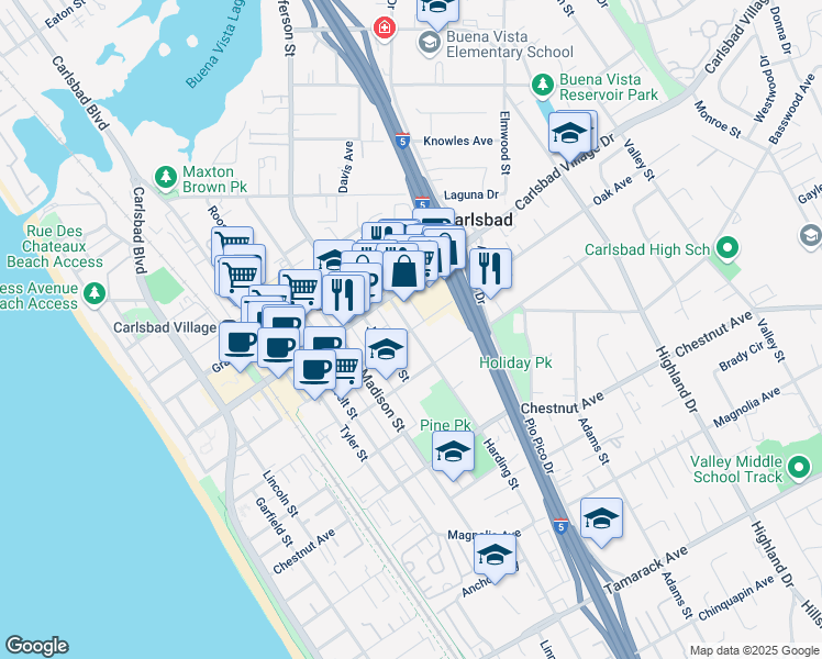 map of restaurants, bars, coffee shops, grocery stores, and more near Oak Ave & Harding St in Carlsbad