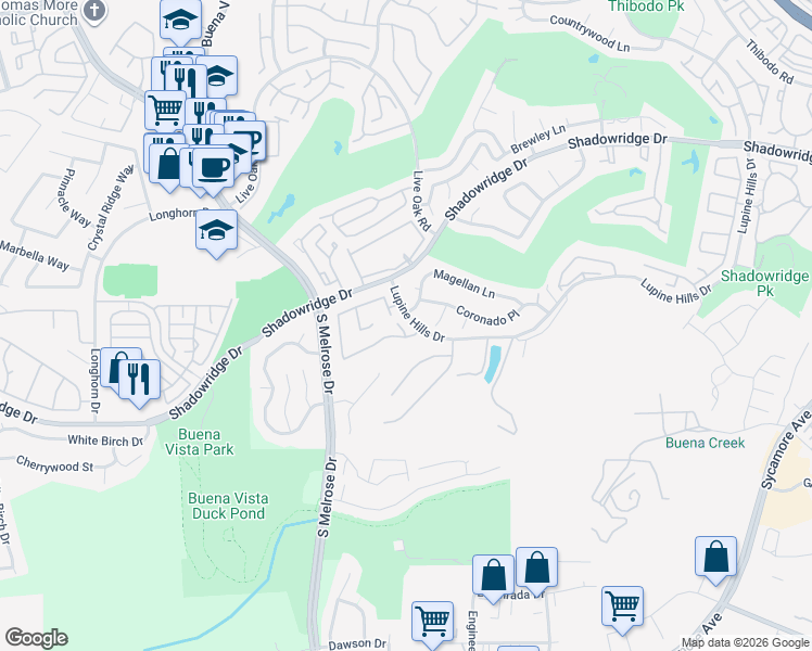 map of restaurants, bars, coffee shops, grocery stores, and more near 2626 Cove Court in Vista