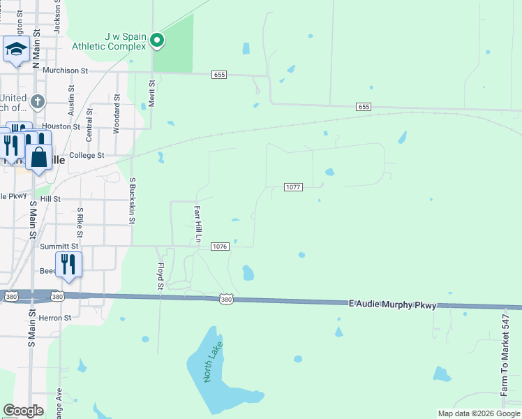 map of restaurants, bars, coffee shops, grocery stores, and more near 1167 County Road 1077 in Farmersville