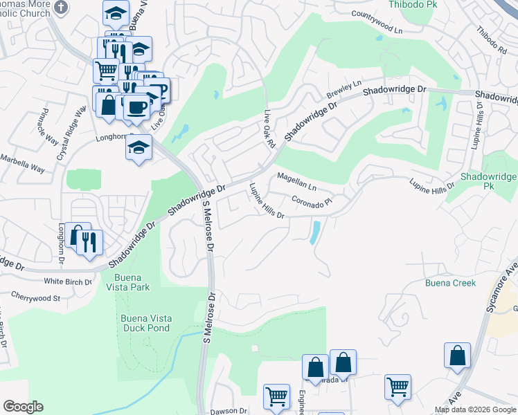 map of restaurants, bars, coffee shops, grocery stores, and more near 2626 Cove Court in Vista