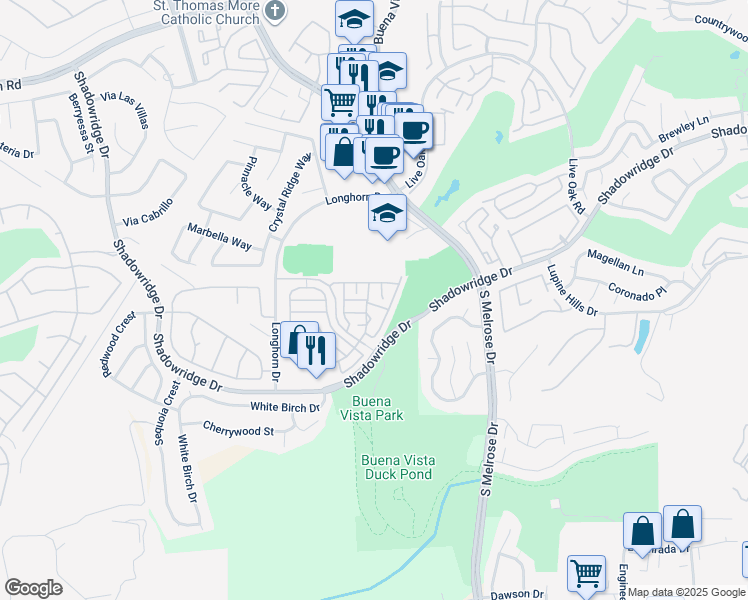 map of restaurants, bars, coffee shops, grocery stores, and more near 1833 Monserrat Way in Vista