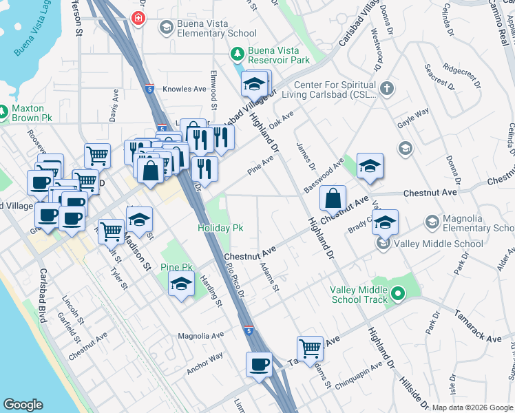 map of restaurants, bars, coffee shops, grocery stores, and more near 3357 Adams Street in Carlsbad