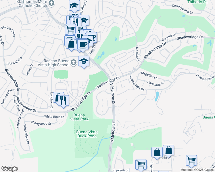 map of restaurants, bars, coffee shops, grocery stores, and more near 1729 Countryside Place in Vista