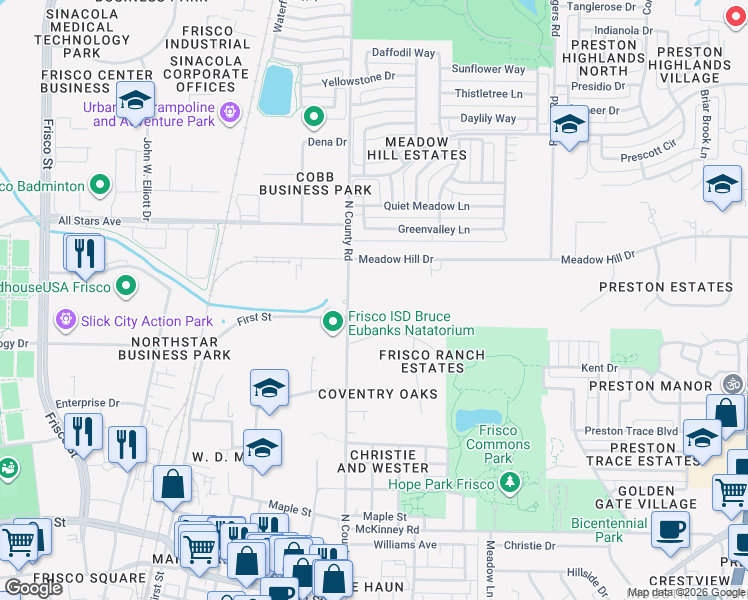 map of restaurants, bars, coffee shops, grocery stores, and more near 7650 Cottonwood Street in Frisco