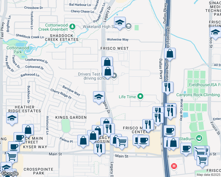map of restaurants, bars, coffee shops, grocery stores, and more near 9375 Legacy Drive in Frisco