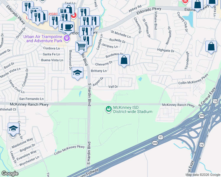 map of restaurants, bars, coffee shops, grocery stores, and more near 3507 Denver Drive in McKinney