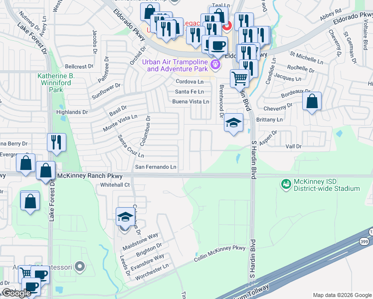 map of restaurants, bars, coffee shops, grocery stores, and more near 3808 Mariner Street in McKinney