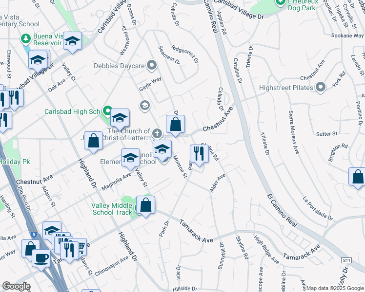 map of restaurants, bars, coffee shops, grocery stores, and more near 3721 Donna Court in Carlsbad