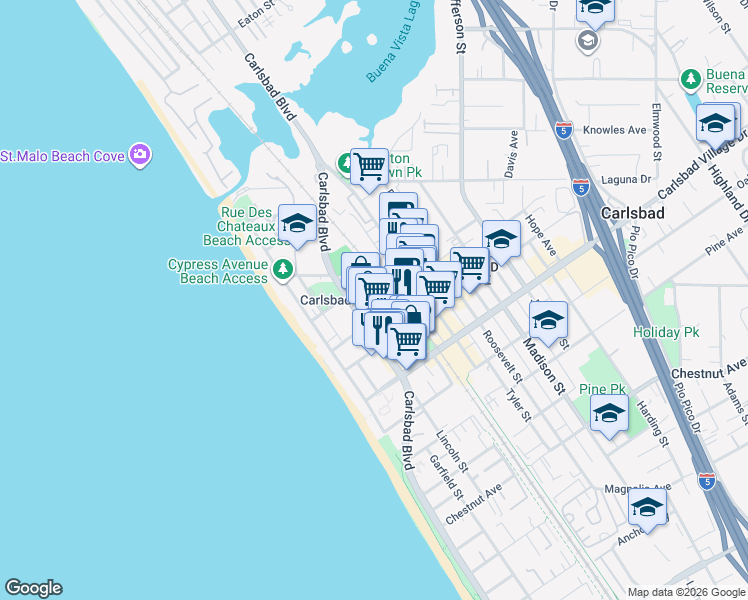 map of restaurants, bars, coffee shops, grocery stores, and more near 2748 Carlsbad Boulevard in Carlsbad
