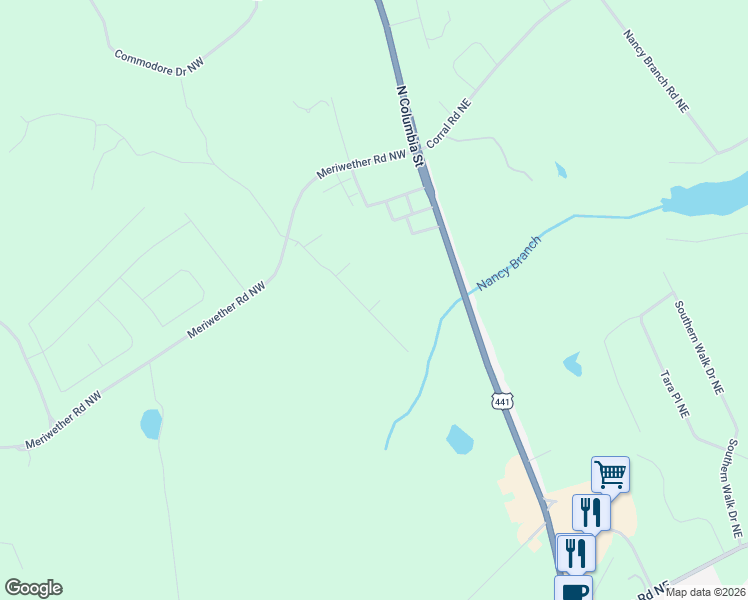 map of restaurants, bars, coffee shops, grocery stores, and more near 134 Pin Oak Trail Northwest in Milledgeville