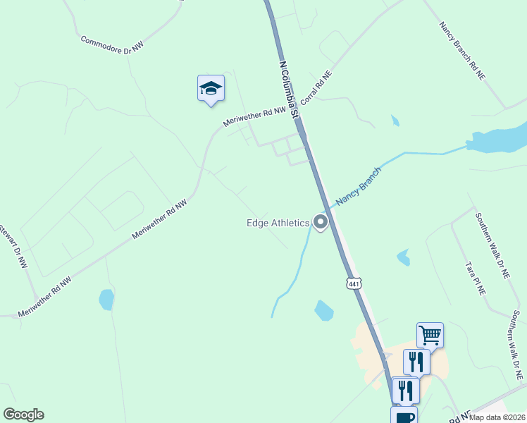 map of restaurants, bars, coffee shops, grocery stores, and more near 134 Pin Oak Trail Northwest in Milledgeville