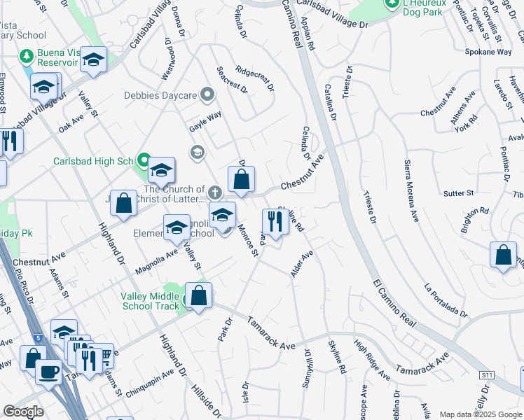 map of restaurants, bars, coffee shops, grocery stores, and more near 3736 Donna Court in Carlsbad