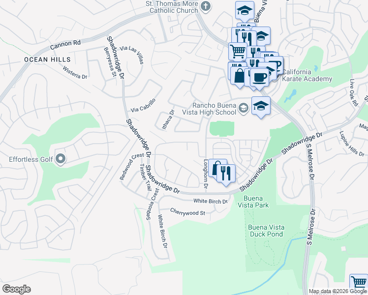 map of restaurants, bars, coffee shops, grocery stores, and more near 1829 Shadowood Circle in Vista