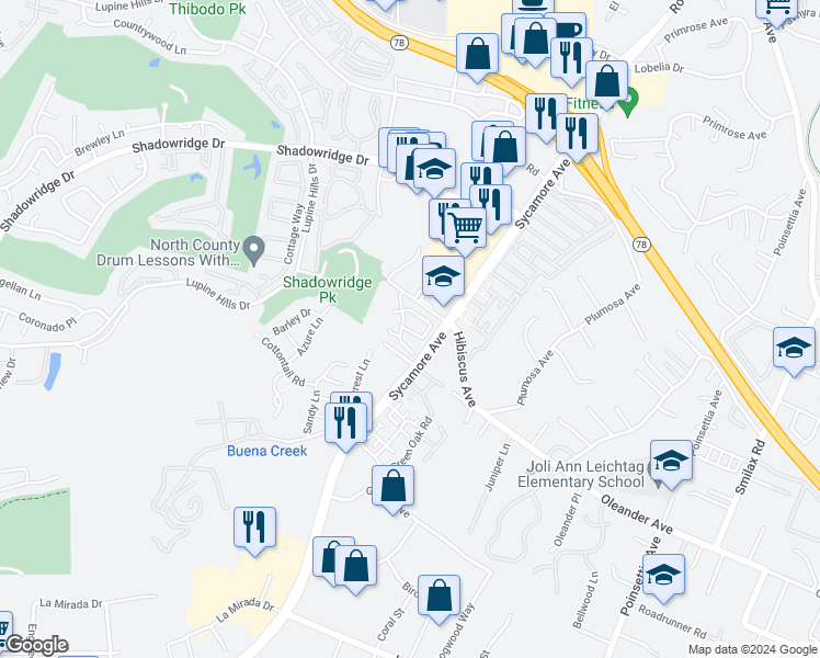 map of restaurants, bars, coffee shops, grocery stores, and more near 895 Brookdale Drive in Vista