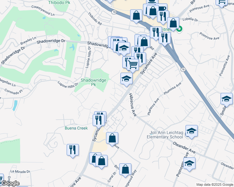 map of restaurants, bars, coffee shops, grocery stores, and more near 862 Brookdale Drive in Vista