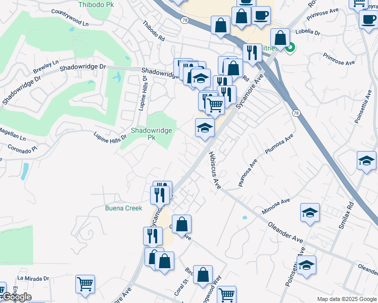 map of restaurants, bars, coffee shops, grocery stores, and more near 862 Brookdale Drive in Vista