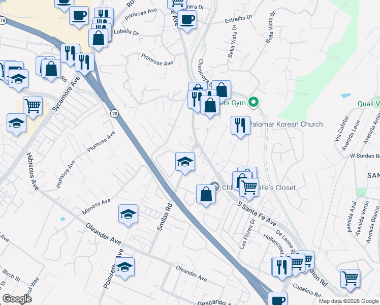 map of restaurants, bars, coffee shops, grocery stores, and more near 129 Smilax Road in Vista