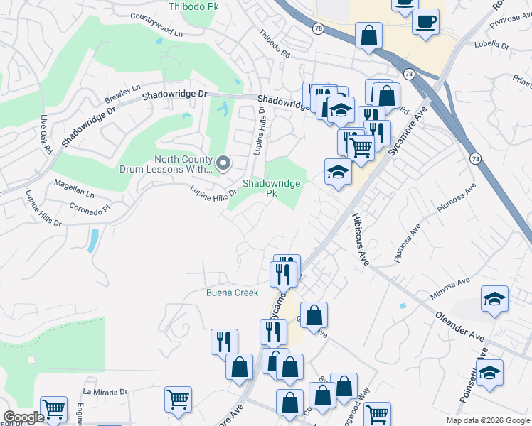 map of restaurants, bars, coffee shops, grocery stores, and more near 2320 Azure Lane in Vista