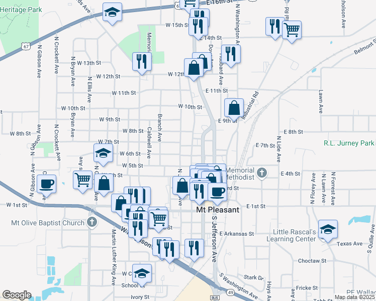 map of restaurants, bars, coffee shops, grocery stores, and more near 312 W 6th St in Mt Pleasant