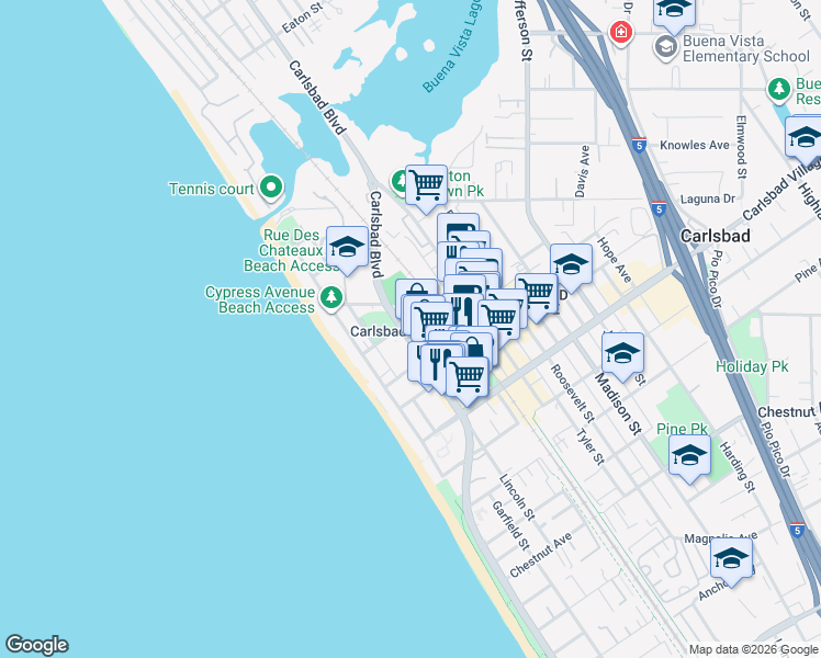 map of restaurants, bars, coffee shops, grocery stores, and more near 2744 Carlsbad Boulevard in Carlsbad