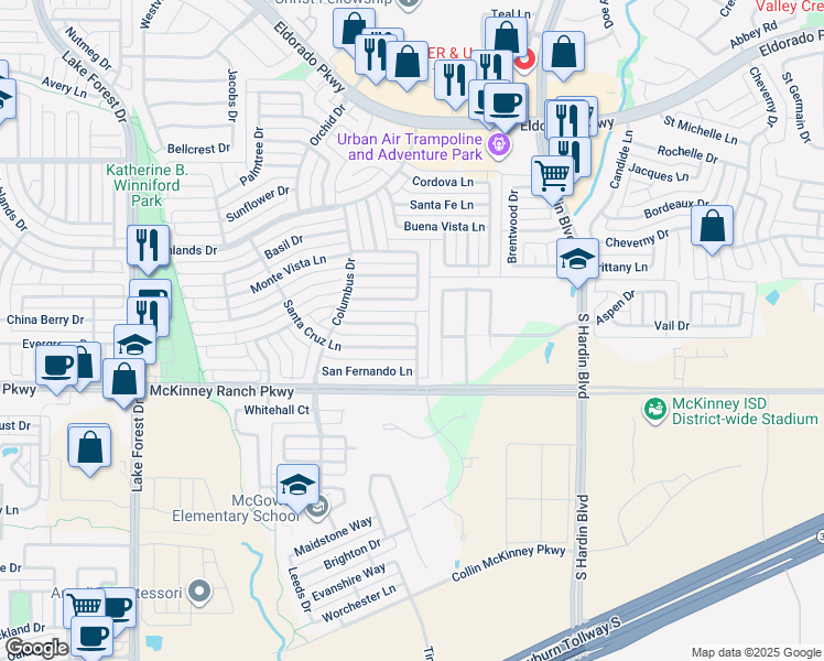 map of restaurants, bars, coffee shops, grocery stores, and more near 4406 Santa Cruz Lane in McKinney