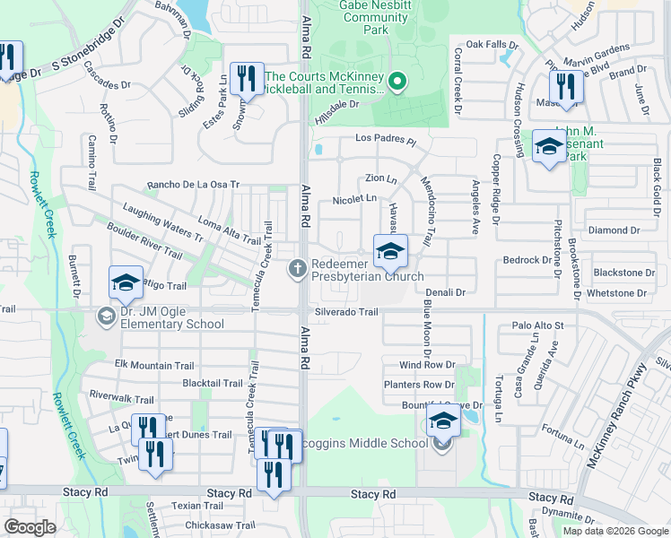 map of restaurants, bars, coffee shops, grocery stores, and more near 3801 Cliffstone Way in McKinney