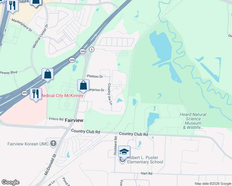 map of restaurants, bars, coffee shops, grocery stores, and more near 2491 Country View Lane in McKinney