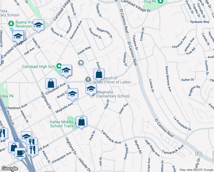 map of restaurants, bars, coffee shops, grocery stores, and more near 3736 Donna Court in Carlsbad