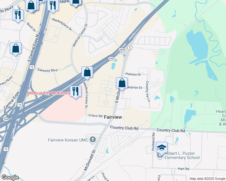 map of restaurants, bars, coffee shops, grocery stores, and more near 201 McKinney Village Parkway in McKinney