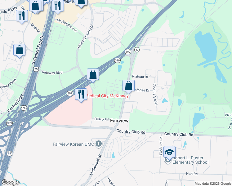 map of restaurants, bars, coffee shops, grocery stores, and more near 2802 South McDonald Street in McKinney