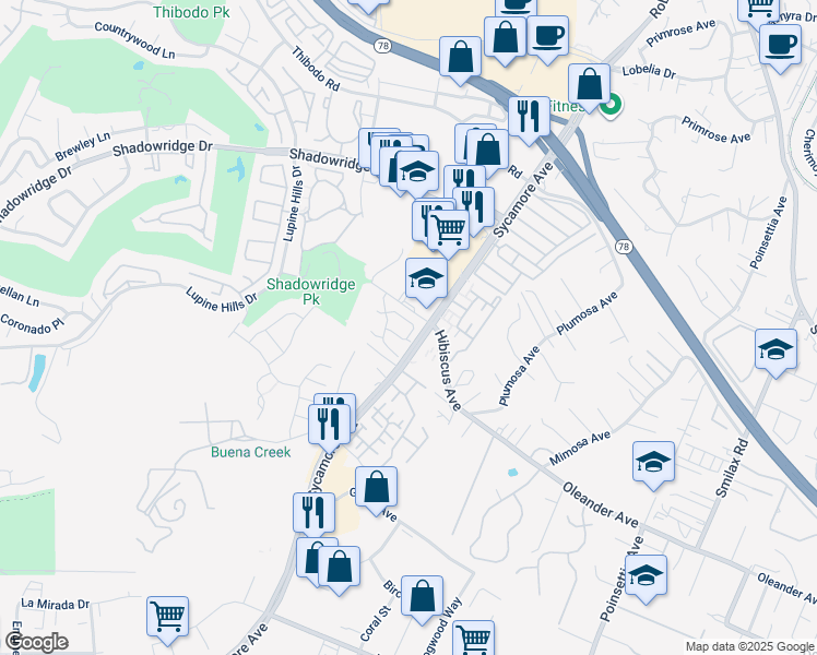 map of restaurants, bars, coffee shops, grocery stores, and more near 839 Brookdale Drive in Vista