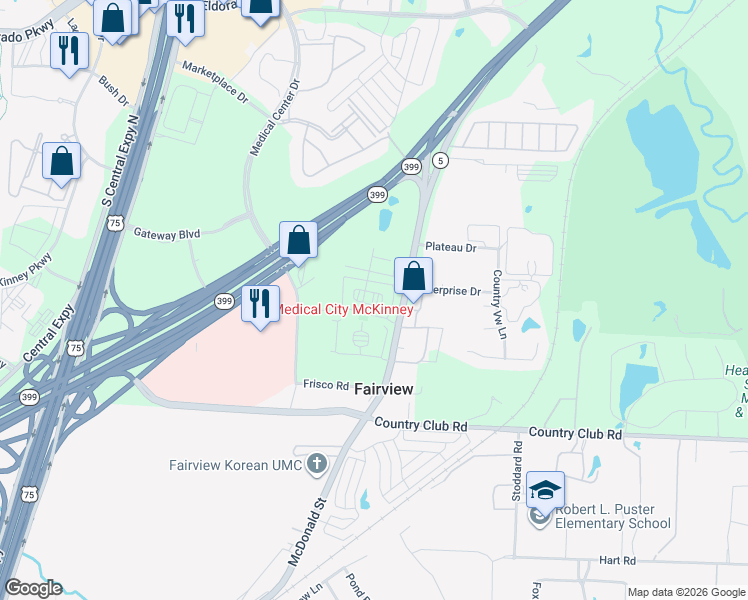 map of restaurants, bars, coffee shops, grocery stores, and more near 2802 South McDonald Street in McKinney
