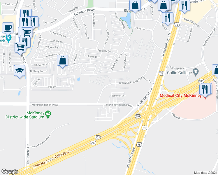 map of restaurants, bars, coffee shops, grocery stores, and more near 2580 Collin McKinney Parkway in McKinney