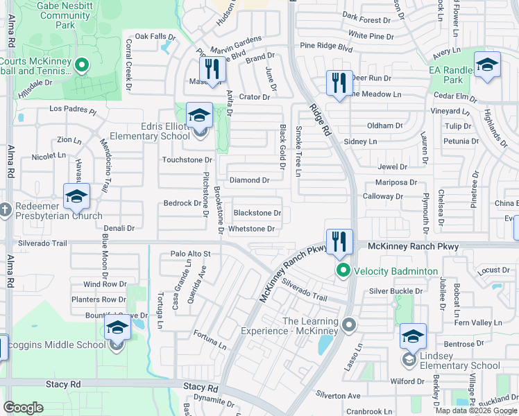 map of restaurants, bars, coffee shops, grocery stores, and more near 6305 Blackstone Drive in McKinney