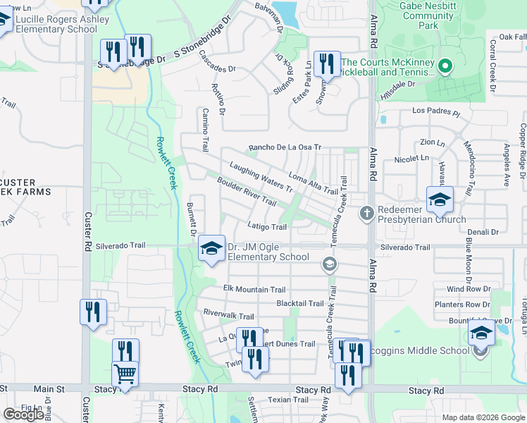 map of restaurants, bars, coffee shops, grocery stores, and more near 3825 Bitterroot Trail in McKinney